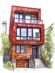 Contemporary Townhouse Illustration with Watercolor Effect