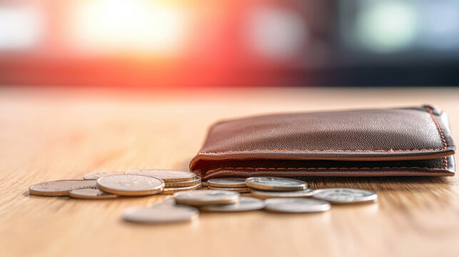 brown leather wallet rests on wooden table, surrounded by scattered coins, creating sense of financial planning and everyday life. warm light adds cozy atmosphere