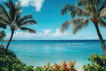 Naklejka premium Serene tropical beach scene with turquoise water, palm trees, and lush greenery under a vibrant blue sky