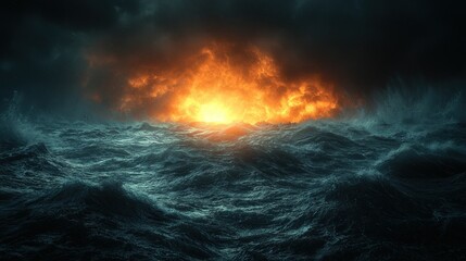 Naklejka premium Stormy Sea with Fiery Horizon