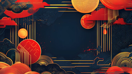 Vibrant abstract design featuring red and gold motifs with clouds and geometric patterns, creating a striking visual effect.