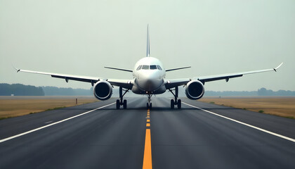 Front view of a commercial jetliner on the runway, ready for takeoff, facing the camera.