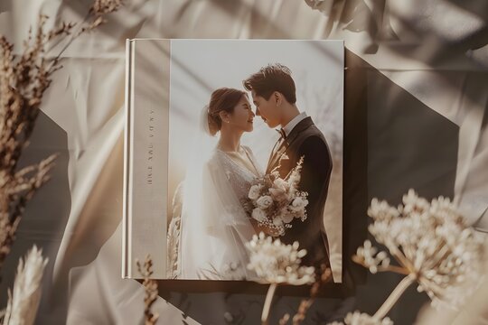 Capture Forever:  A Wedding Album Showcases Romantic Couple's Portrait, Exquisitely Designed with Elegant Neutral Tones, Preserving Precious Memories, Beautifully Capturing Their Love Story,  a Testam