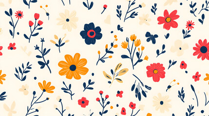 Fototapeta premium A vibrant floral pattern featuring colorful flowers and leaves in red, yellow, and navy against a soft cream background.