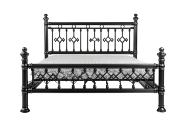 Elegant black metal bed frame intricately designed headboard and a stylish mattress isolated on transparent background