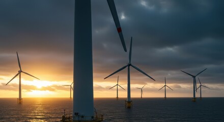 Fototapeta premium Offshore Wind Turbines at Sunset