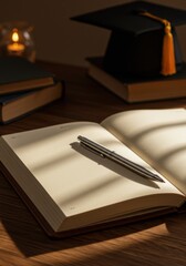 Open Book with Pen and Graduation Cap on Wooden Desk