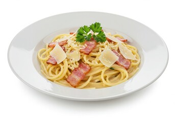 Pasta carbonara with bacon on white background