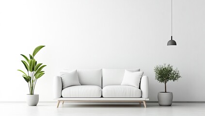 Minimalist living room with white sofa, plants, and pendant light