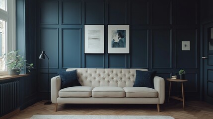 Stylish living room with dark blue accent walls