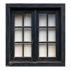 Fototapeta premium Vintage black wooden house window frame isolated with a classic design and detailed craftsmanship, black vintage wooden house window frame isolated on White background