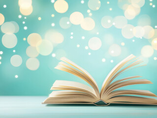 open book with glowing pages rests on soft pastel background, surrounded by dreamy bokeh lights that create magical atmosphere. This enchanting scene invites imagination and wonder