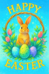 Happy Easter Bunny with Basket and Colorful Eggs in Watercolor Style
