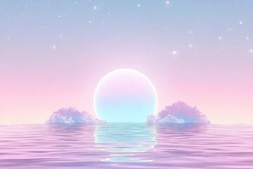 serene sunset with surreal colors over calm ocean waves creates tranquil atmosphere. soft hues of pink and blue reflect beautifully on water surface, evoking sense of peace and wonder