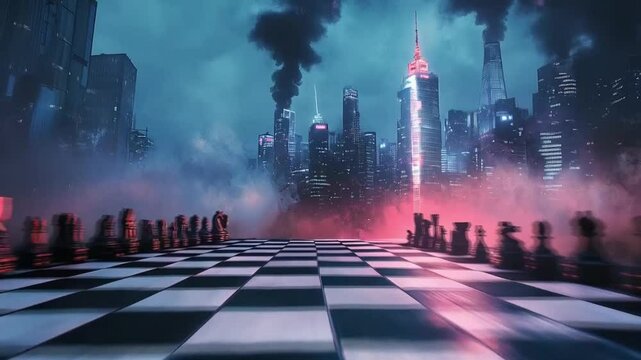 Dystopian chess battle amidst smoke-filled city and ominous skies.