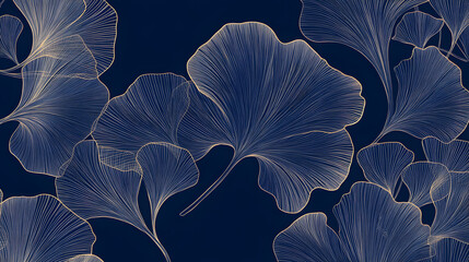Elegant blue ginkgo leaves pattern with intricate line details on a dark navy background.