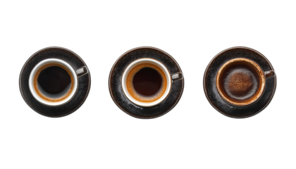 Three coffee cups with different mottled textures and styles, black cup saucer, on Png Format and Transparent Background