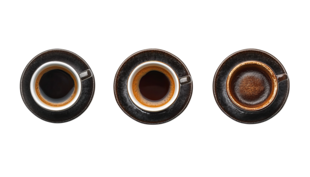 Three coffee cups with different mottled textures and styles, black cup saucer, on Png Format and Transparent Background