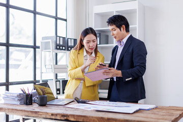  Asian business team creative businesspeople coworker in office Happy to be successful partnership teamwork celebrating achievement and success concept.
