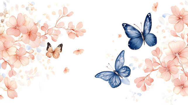 A serene floral design featuring blue butterflies amidst soft pink blossoms, evoking tranquility and natural beauty.