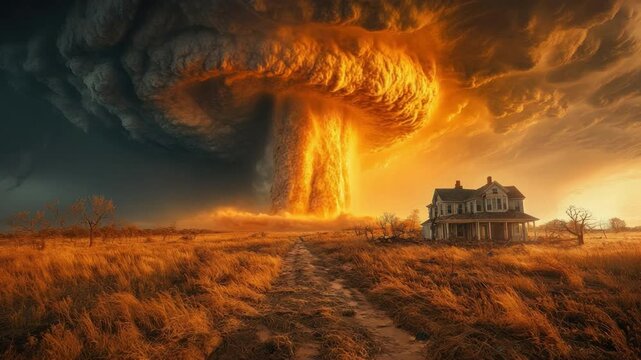 Apocalyptic Blast: A harrowing depiction of a nuclear explosion engulfs the sky, casting a fiery glow over a solitary house on a desolate landscape. This chilling scene symbolizes devastation.