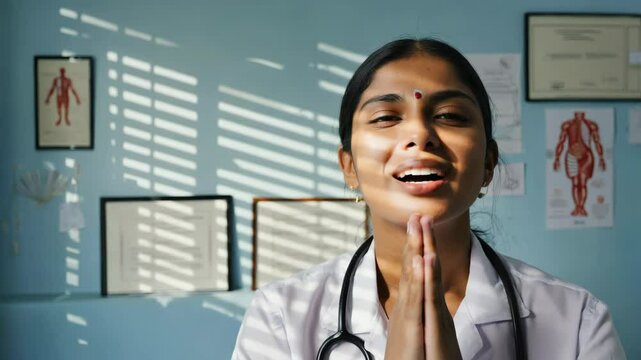 Smiling female doctor with a bindi offers greeting, holding hands in prayer, in medical office with anatomical posters and certificates.