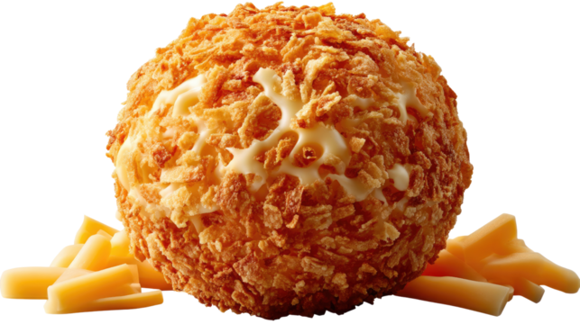 Savory Delight: A tantalizing image showcases a crispy, golden-brown scotch egg, surrounded by a scattering of cheese, inviting viewers to savor its exquisite flavors and textures.