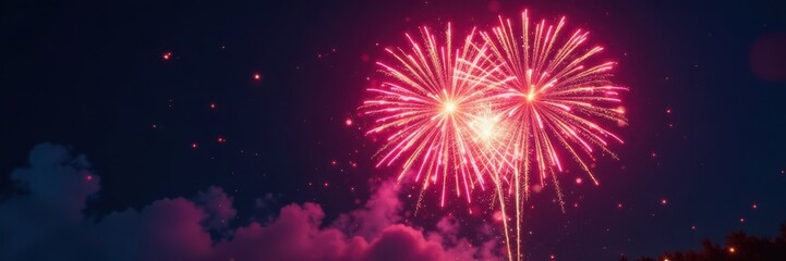 Fototapeta premium Vibrant colorful explosion of fireworks in mid air, colorful, neon