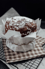  Traditional Easter cake with powdered sugar on rustic cloth. Holiday bakery photo for festive decor and design