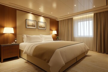 Warm hotel bedroom features comfortable king sized bed and artwork