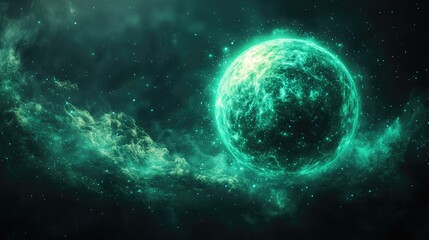 Obraz premium Glowing teal planet in nebula; cosmic backdrop