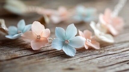 Naklejka premium A delicate flower necklace resting on a wooden surface, with a variety of pastel-colored petals creating a soft, romantic look.