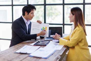 Team of Business people advisor, business people talking, planning analyze investment and marketing on tablet in office.
