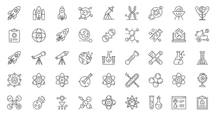 A vibrant collection of science and space exploration icons depicting rockets, atoms, molecules, telescopes, and lab equipment in a clean, minimalist line art style.