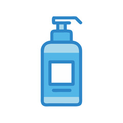 Blue liquid soap dispenser with label on black