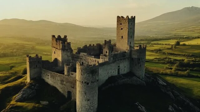 Majestic medieval castle crowns lush hill, surrounded by serene countryside panorama.