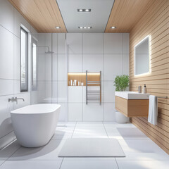 Fototapeta premium Modern Minimalist Bathroom Design with Wooden Accents and Natural Light