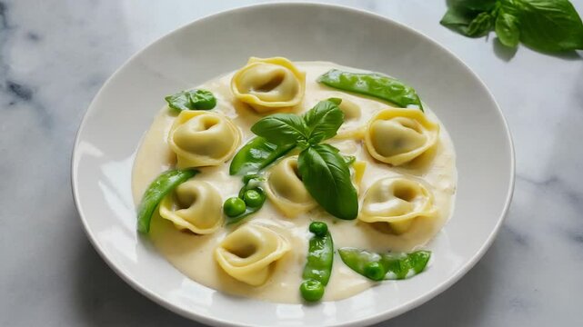 Elegant plate with tortelloni pasta swimming in creamy sauce, garnished with fresh basil and peas for a refined culinary presentation.