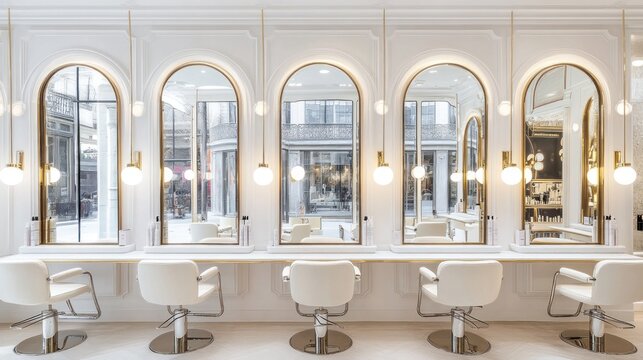 Elegant, modern hair salon with arched windows.