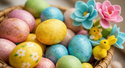 Pastel Easter Eggs in Woven Basket with Decorations
