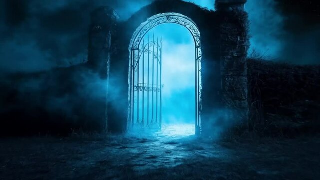 Mystical glowing portal enveloped in fog and framed by ancient stone walls.