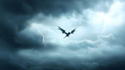 Fearless dragon rider soaring through a tumultuous storm swept sky with lightning crackling all around in this epic fantastical cartoon