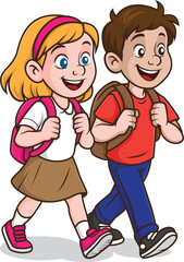 Happy School Kids Walking Together Cartoon Illustration. Colorful cartoon illustration of a happy boy and girl walking to school with backpacks. The children are smiling and look excited, wearing casu