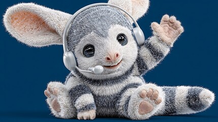 Waving Cartoon Creature with Headset on Blue Background