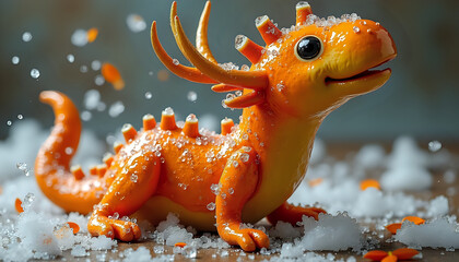 Orange stylized dragon figurine whimsical on ice with petals