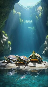 Four turtles basking on a sunlit rock outcropping in a serene, turquoise lagoon under a cave opening.