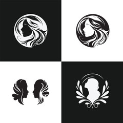 Creative Mind Logo Vector Set. Dynamic Woman Profiles with Leaves and Waves. Human Profile Logo Icons