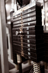 Gewichte am Kabelturm Turm. 25 kg. Fitnessstudio. Gym.
