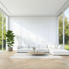 Bright Modern Living Room with Large Windows and Greenery Elements