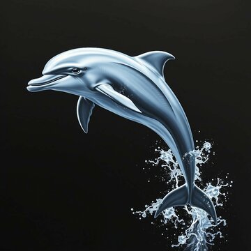 Sprungender Delfin mit Wassereffekt vor schwarzem Hintergrund &ndash; detailreiche digitale Illustration mit maritimem Flair.